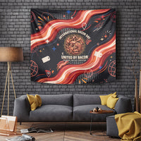 International Bacon Day United By Bacon Tapestry Retro Bacon Globe and Cool Bacon Mascot Graphic