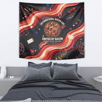 International Bacon Day United By Bacon Tapestry Retro Bacon Globe and Cool Bacon Mascot Graphic