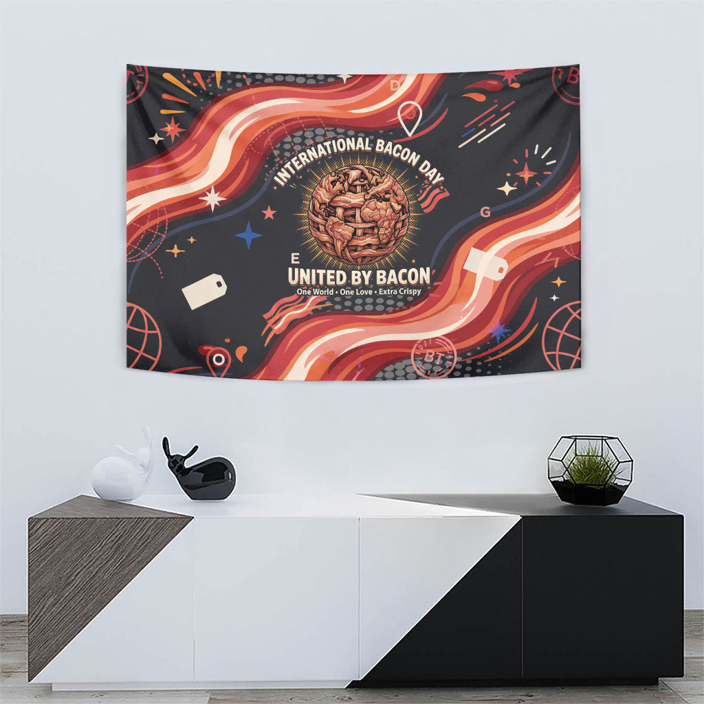 International Bacon Day United By Bacon Tapestry Retro Bacon Globe and Cool Bacon Mascot Graphic
