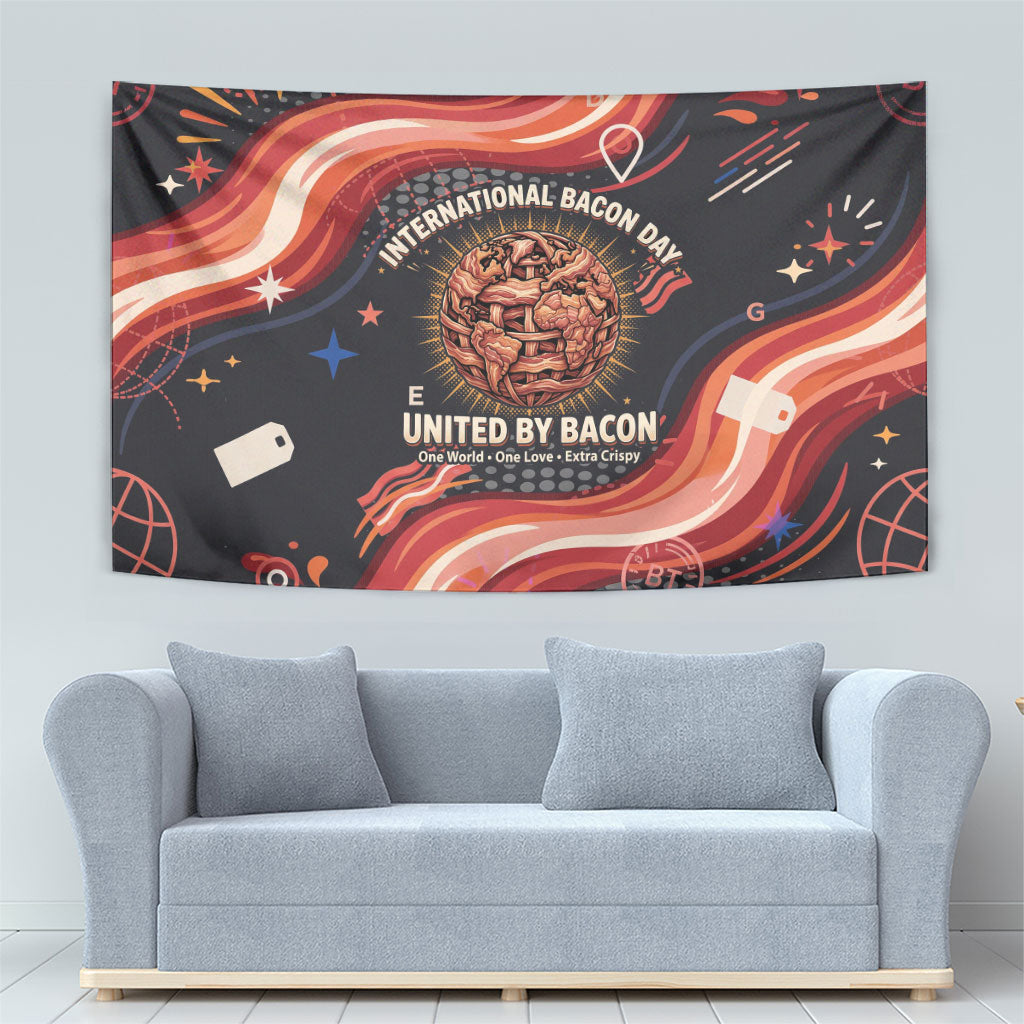 International Bacon Day United By Bacon Tapestry Retro Bacon Globe and Cool Bacon Mascot Graphic