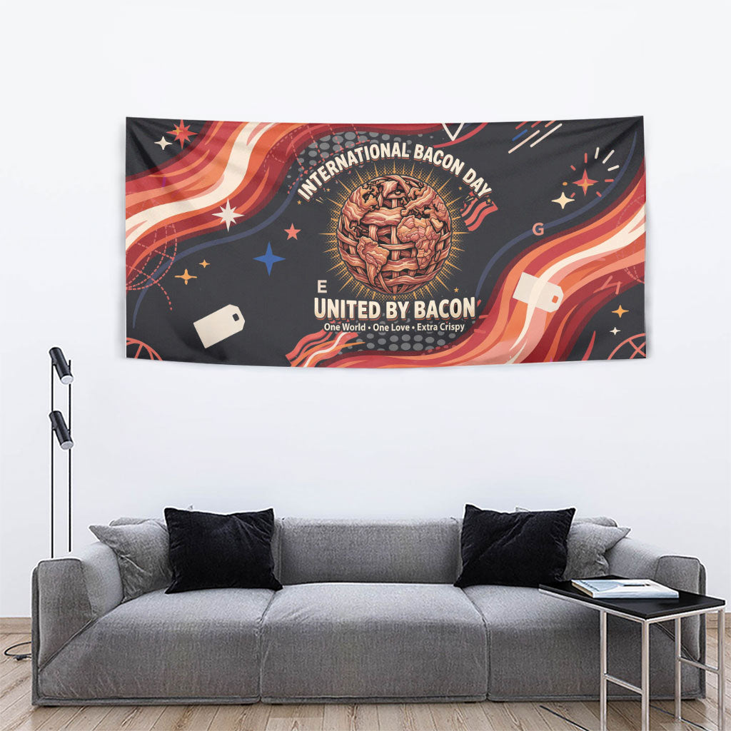 International Bacon Day United By Bacon Tapestry Retro Bacon Globe and Cool Bacon Mascot Graphic