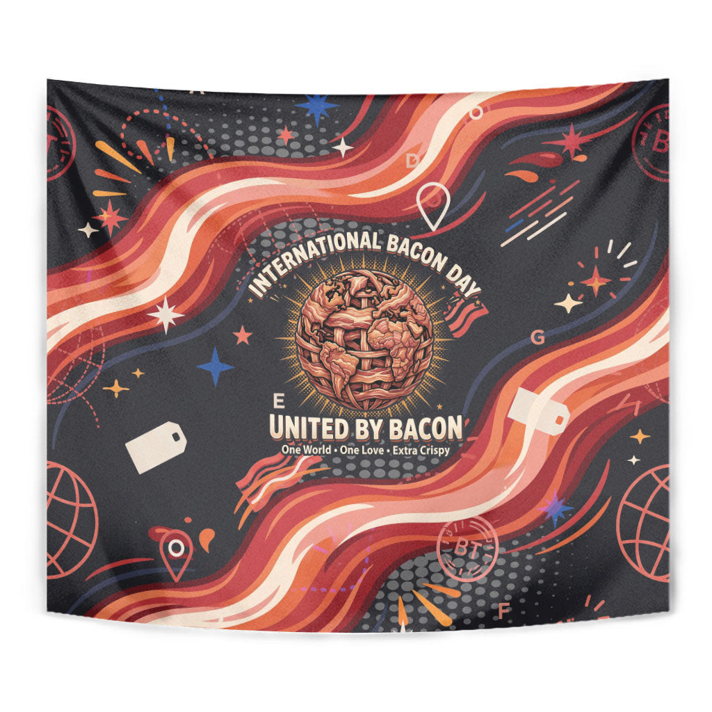 International Bacon Day United By Bacon Tapestry Retro Bacon Globe and Cool Bacon Mascot Graphic