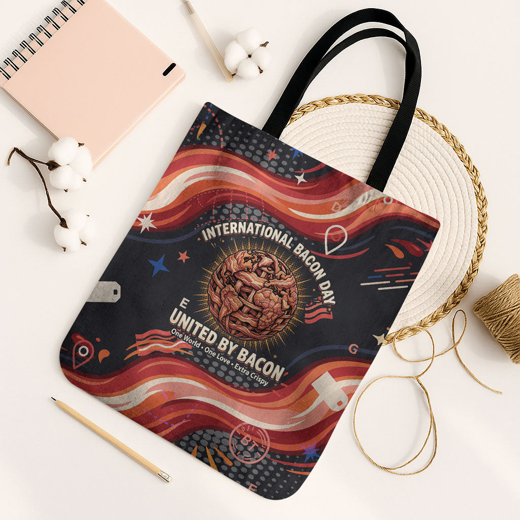 International Bacon Day United By Bacon Tote Bag Retro Bacon Globe and Cool Bacon Mascot Graphic
