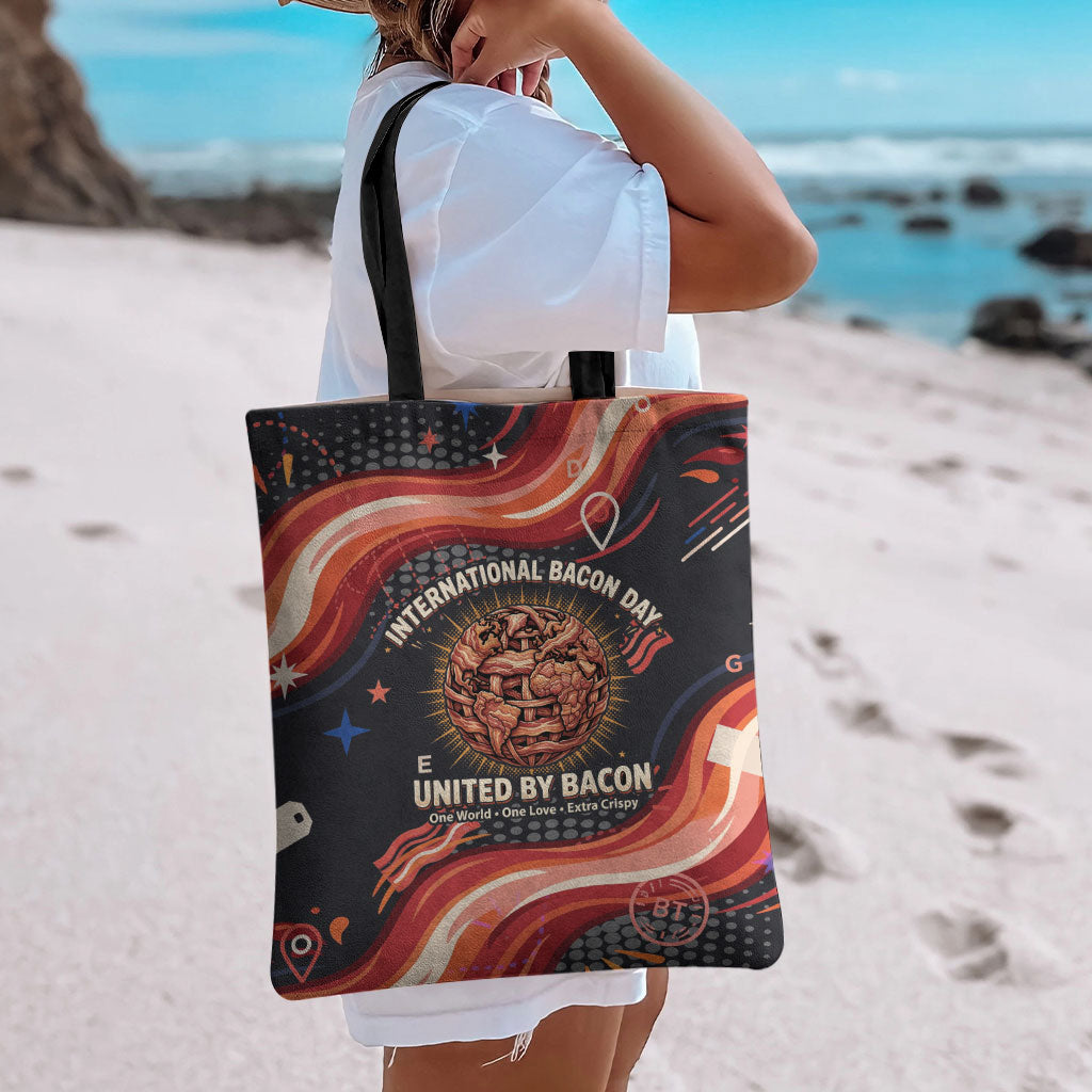 International Bacon Day United By Bacon Tote Bag Retro Bacon Globe and Cool Bacon Mascot Graphic