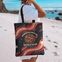 International Bacon Day United By Bacon Tote Bag Retro Bacon Globe and Cool Bacon Mascot Graphic
