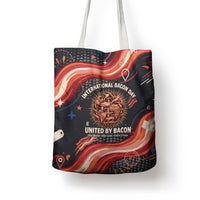 International Bacon Day United By Bacon Tote Bag Retro Bacon Globe and Cool Bacon Mascot Graphic