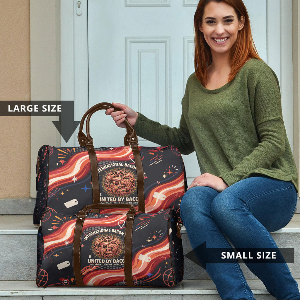 International Bacon Day United By Bacon Travel Bag Retro Bacon Globe and Cool Bacon Mascot Graphic