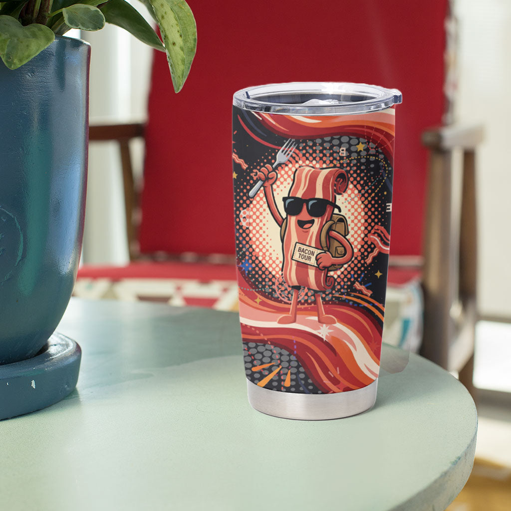 International Bacon Day United By Bacon Tumbler Cup Retro Bacon Globe and Cool Bacon Mascot Graphic