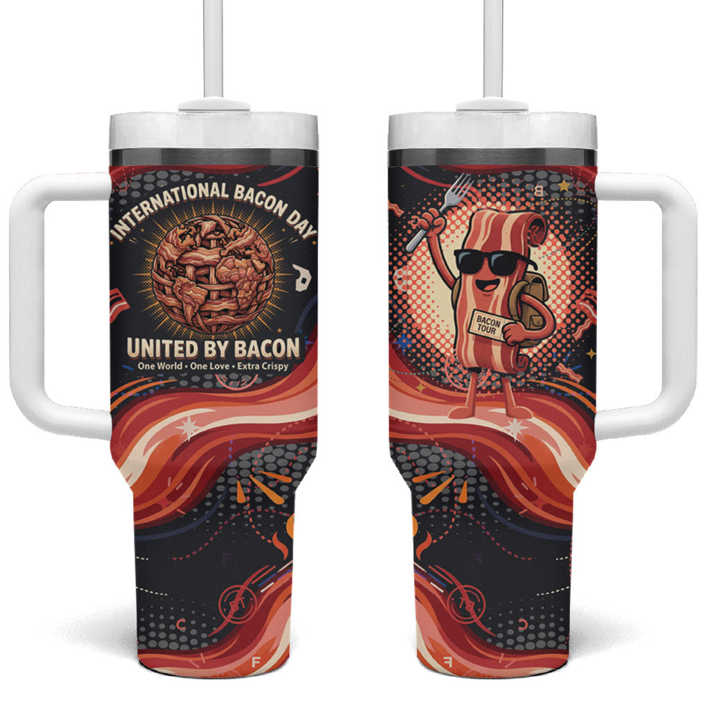 International Bacon Day United By Bacon Tumbler With Handle Retro Bacon Globe and Cool Bacon Mascot Graphic
