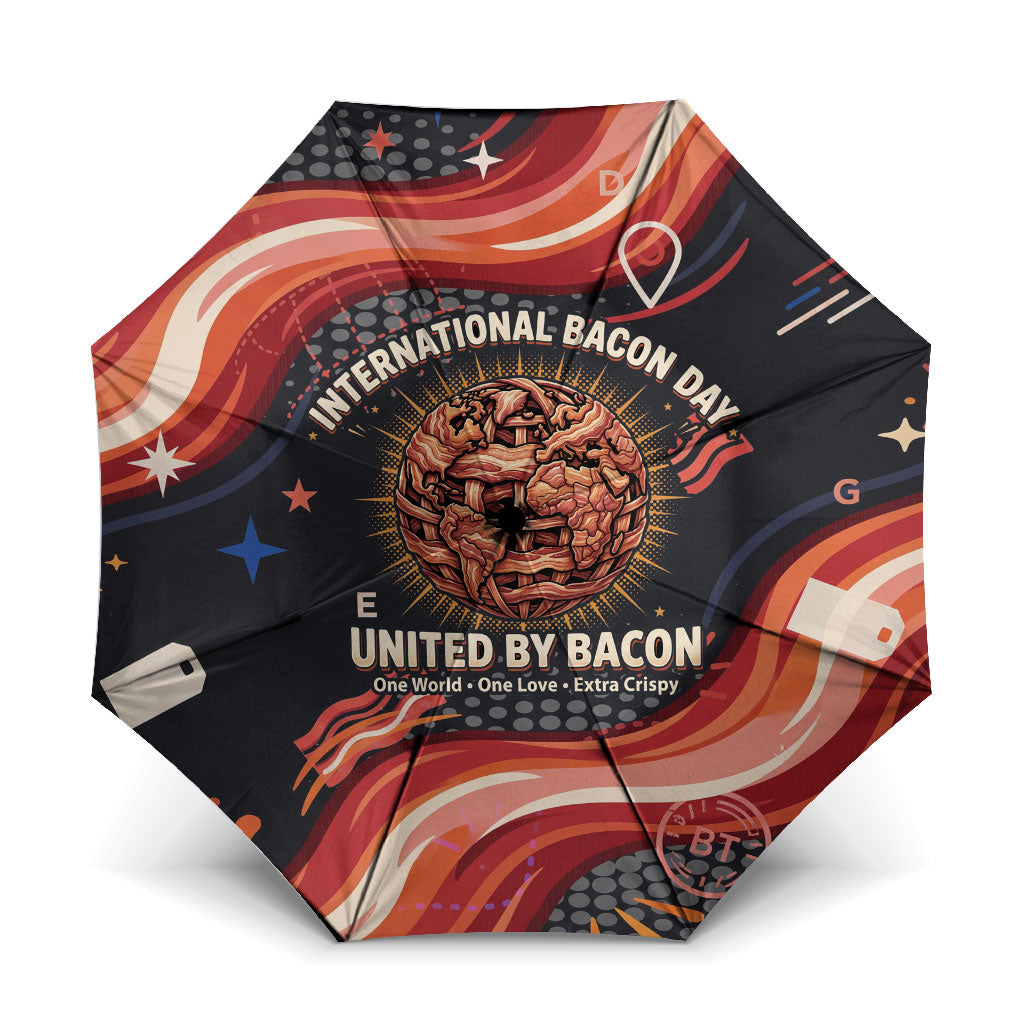 International Bacon Day United By Bacon Umbrella Retro Bacon Globe and Cool Bacon Mascot Graphic