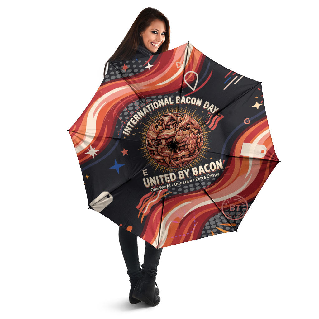 International Bacon Day United By Bacon Umbrella Retro Bacon Globe and Cool Bacon Mascot Graphic