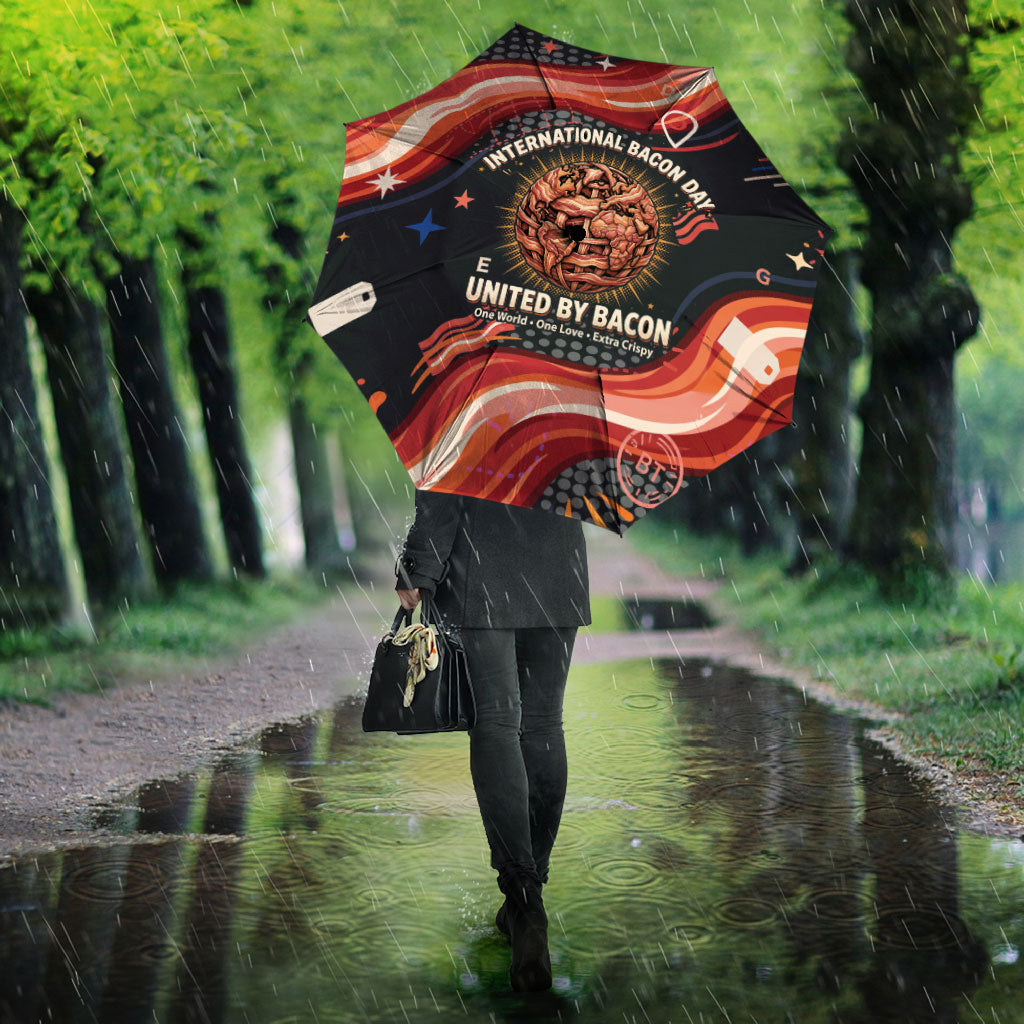 International Bacon Day United By Bacon Umbrella Retro Bacon Globe and Cool Bacon Mascot Graphic