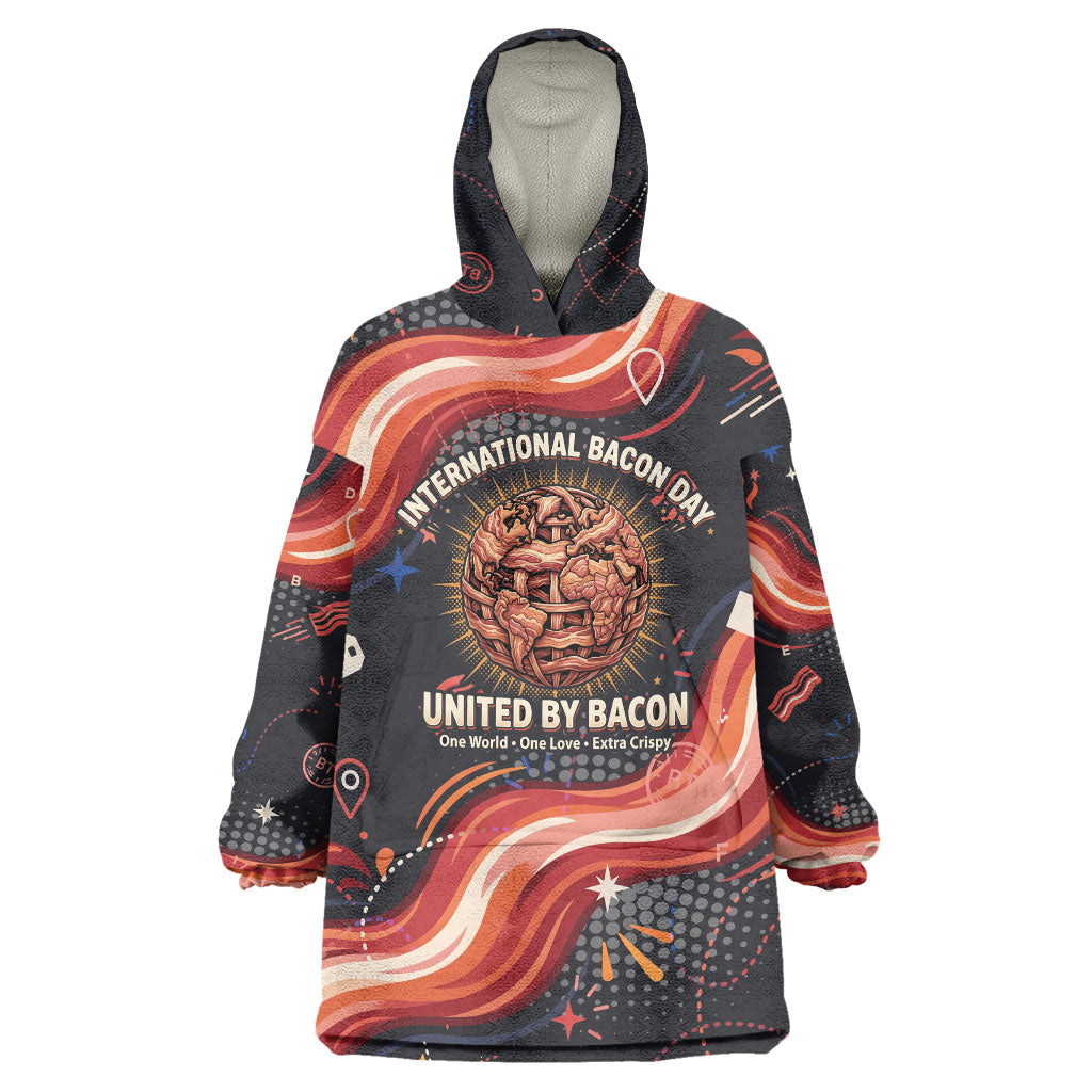 International Bacon Day United By Bacon Wearable Blanket Hoodie Retro Bacon Globe and Cool Bacon Mascot Graphic