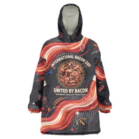 International Bacon Day United By Bacon Wearable Blanket Hoodie Retro Bacon Globe and Cool Bacon Mascot Graphic