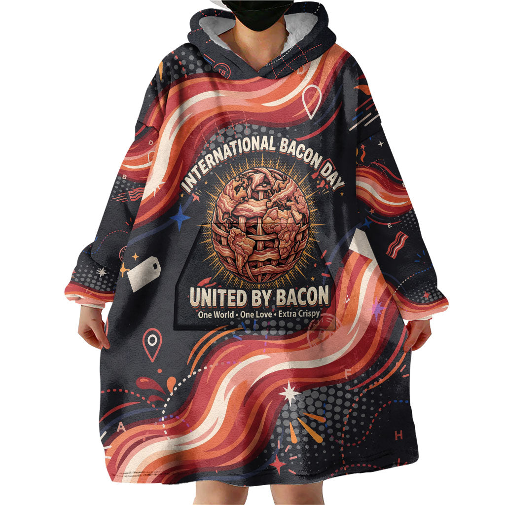 International Bacon Day United By Bacon Wearable Blanket Hoodie Retro Bacon Globe and Cool Bacon Mascot Graphic