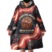International Bacon Day United By Bacon Wearable Blanket Hoodie Retro Bacon Globe and Cool Bacon Mascot Graphic