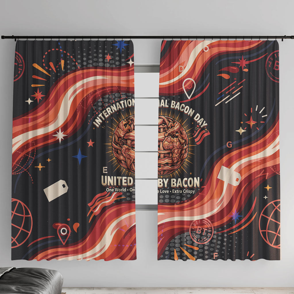 International Bacon Day United By Bacon Window Curtain Retro Bacon Globe and Cool Bacon Mascot Graphic
