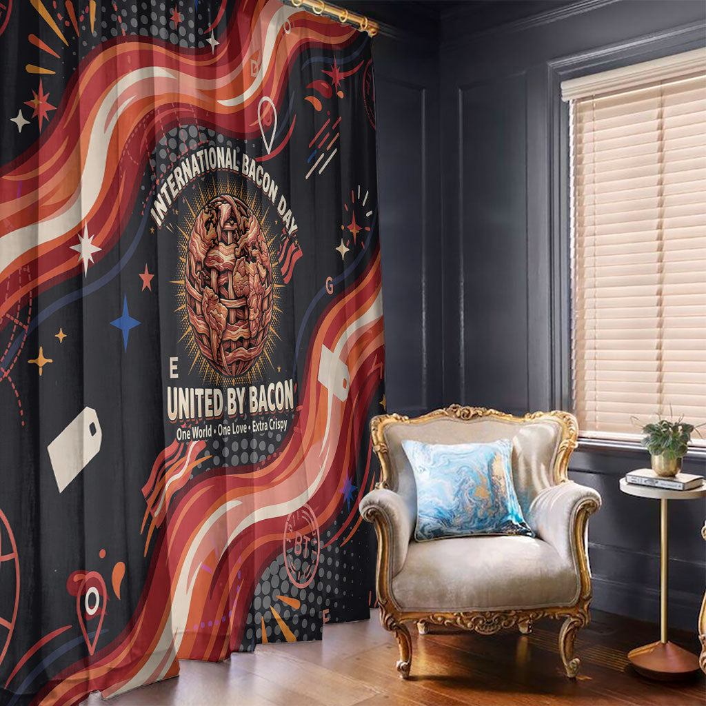 International Bacon Day United By Bacon Window Curtain Retro Bacon Globe and Cool Bacon Mascot Graphic