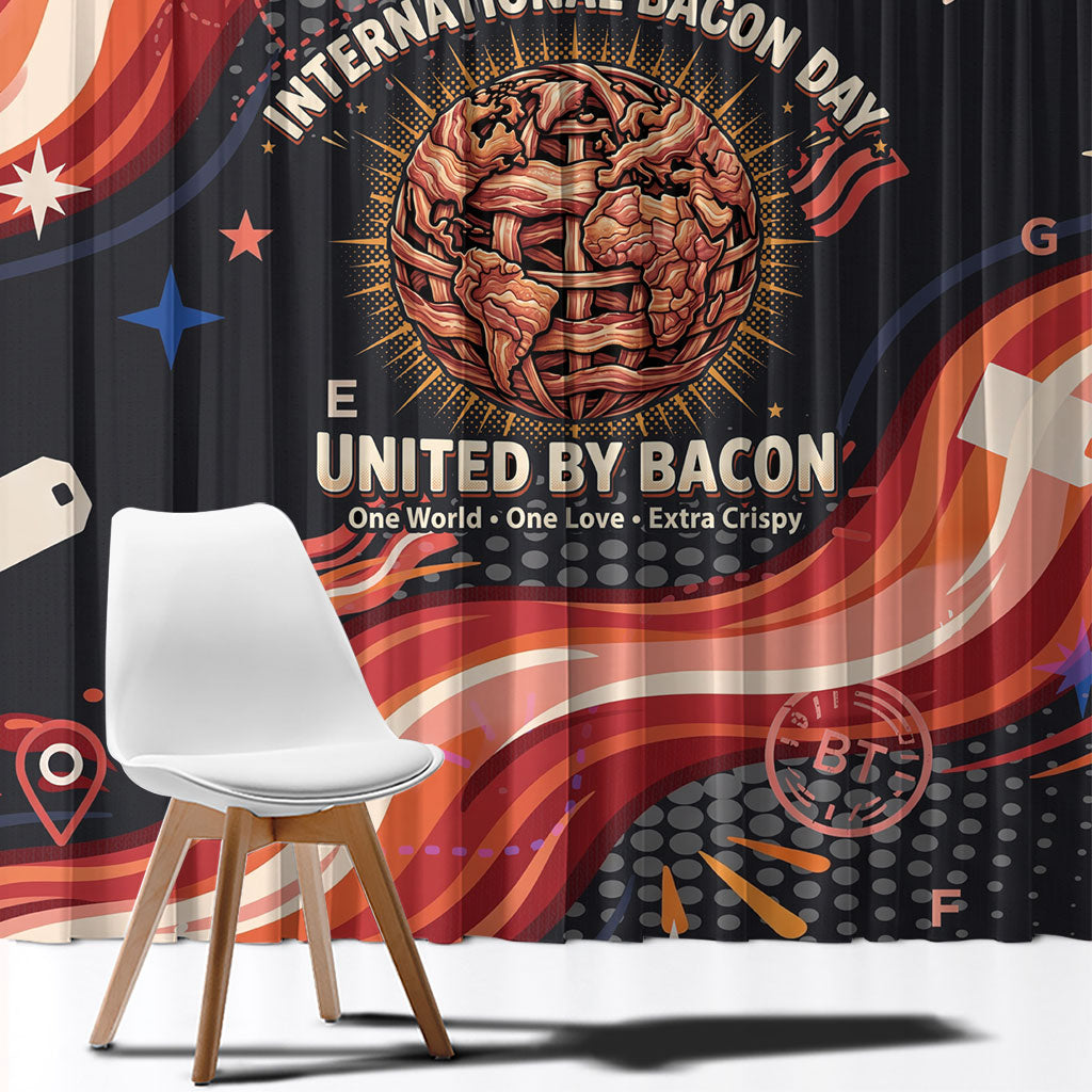 International Bacon Day United By Bacon Window Curtain Retro Bacon Globe and Cool Bacon Mascot Graphic