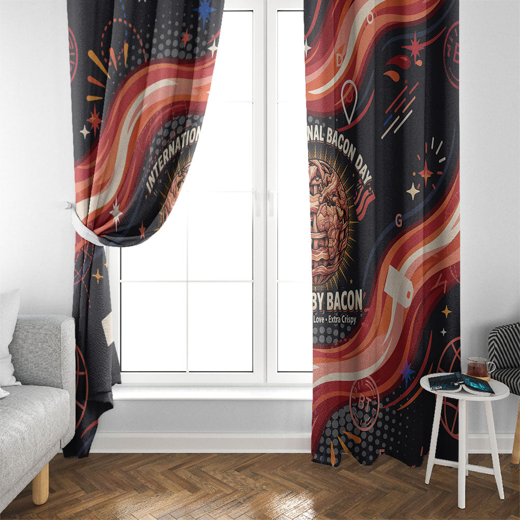 International Bacon Day United By Bacon Window Curtain Retro Bacon Globe and Cool Bacon Mascot Graphic