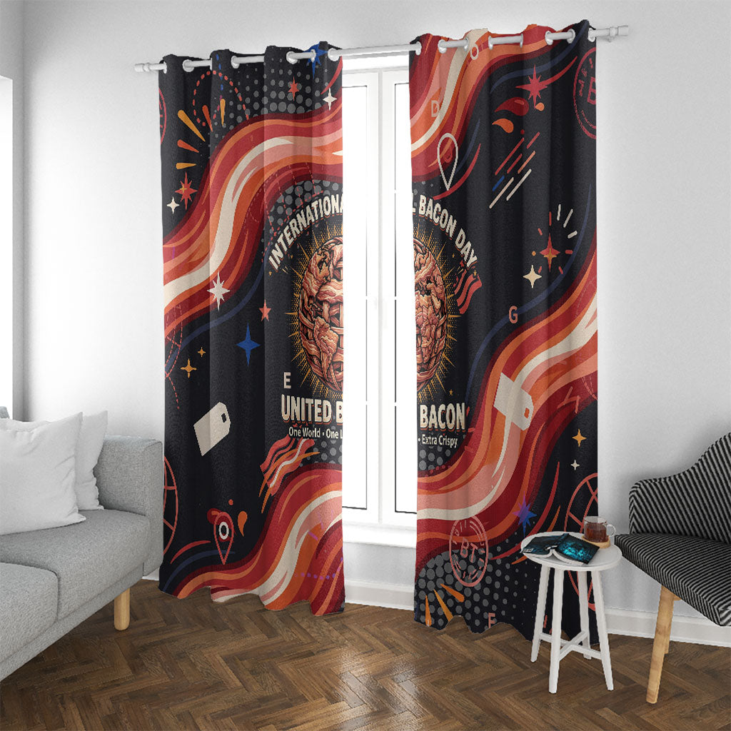 International Bacon Day United By Bacon Window Curtain Retro Bacon Globe and Cool Bacon Mascot Graphic