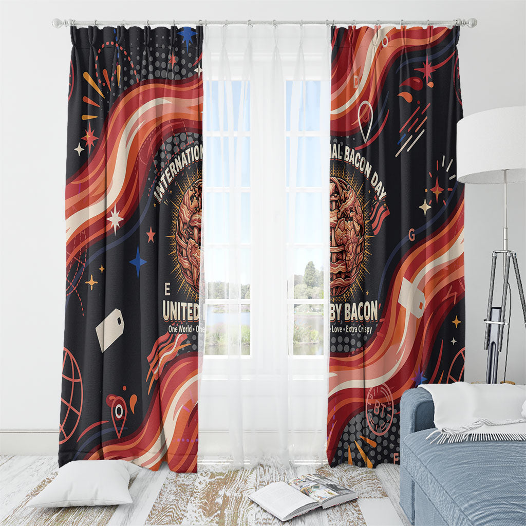 International Bacon Day United By Bacon Window Curtain Retro Bacon Globe and Cool Bacon Mascot Graphic