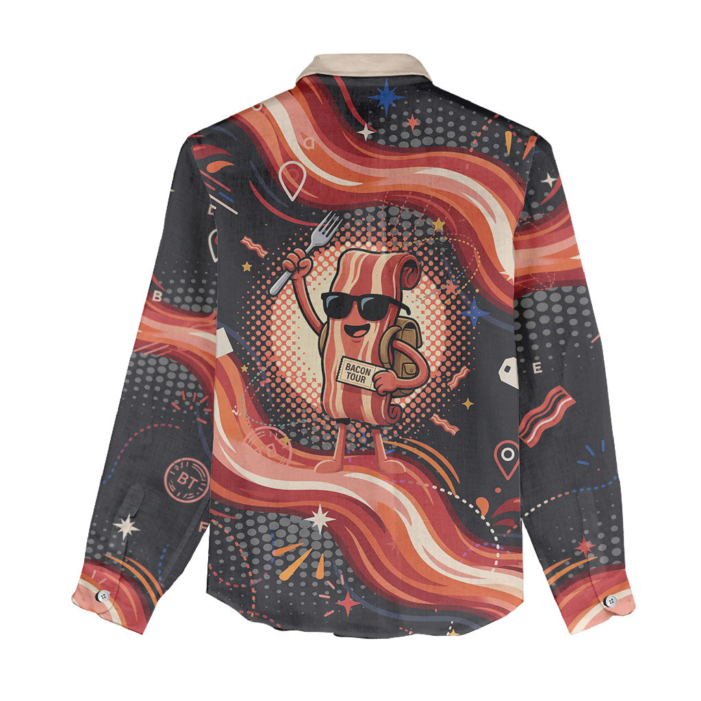 International Bacon Day United By Bacon Women Casual Shirt Retro Bacon Globe and Cool Bacon Mascot Graphic