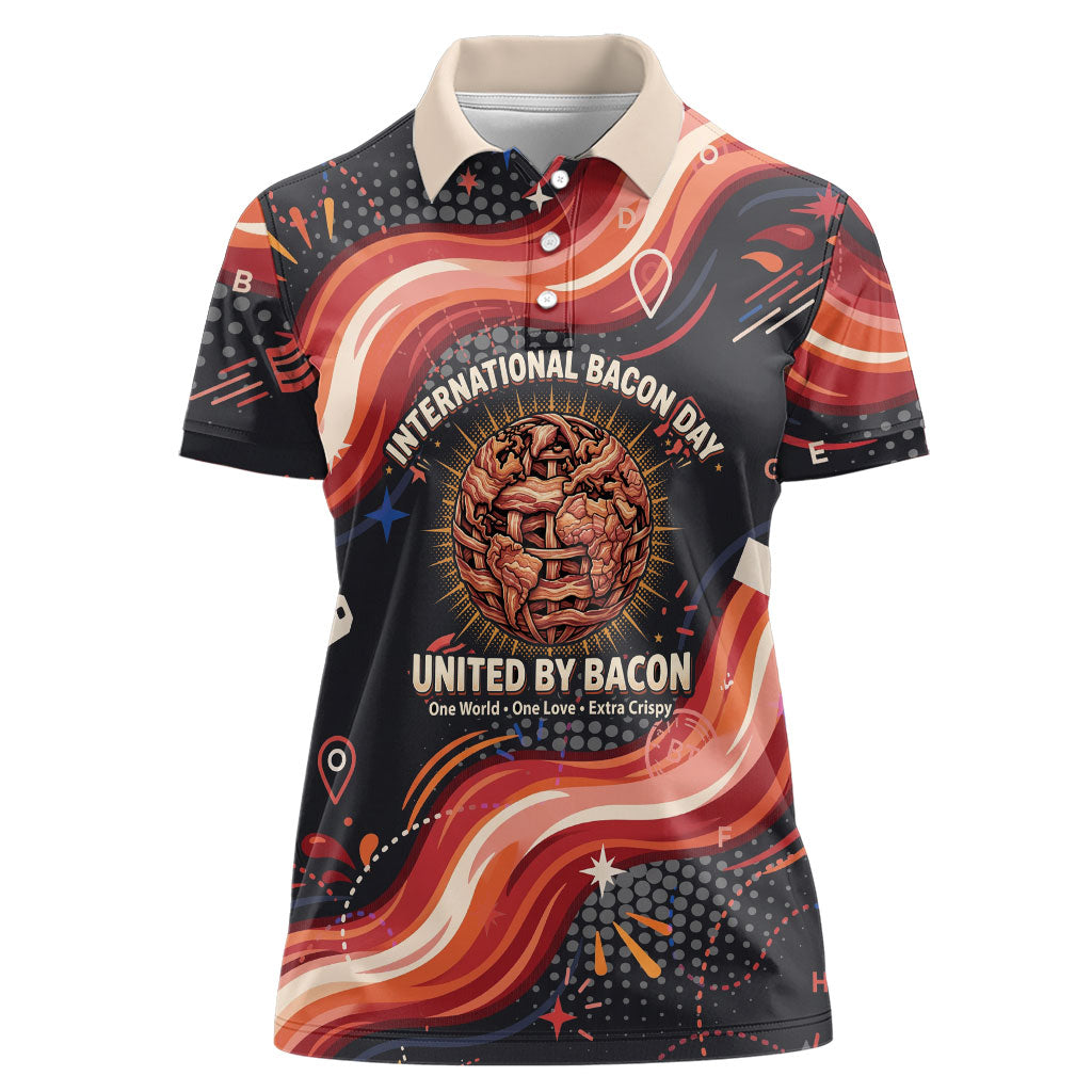 International Bacon Day United By Bacon Women Polo Shirt Retro Bacon Globe and Cool Bacon Mascot Graphic