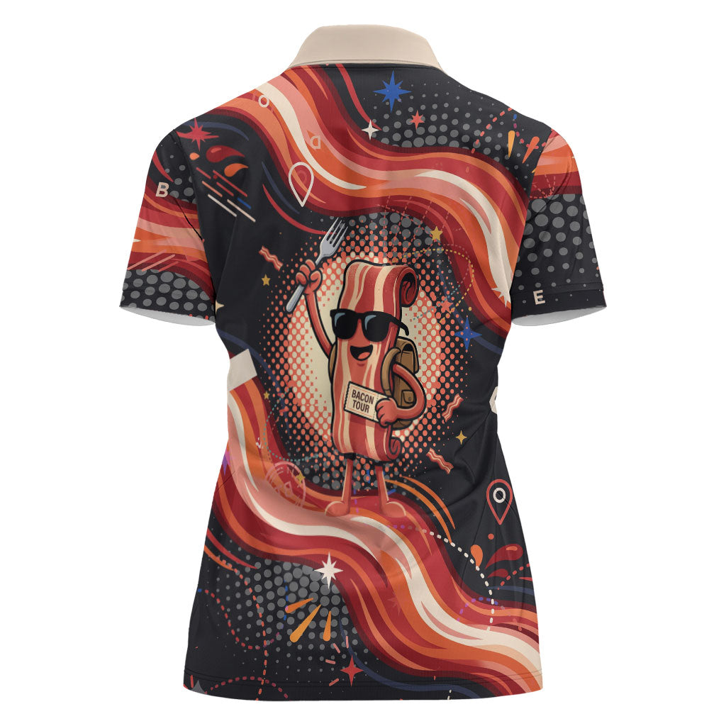 International Bacon Day United By Bacon Women Polo Shirt Retro Bacon Globe and Cool Bacon Mascot Graphic