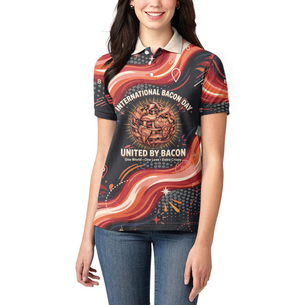 International Bacon Day United By Bacon Women Polo Shirt Retro Bacon Globe and Cool Bacon Mascot Graphic