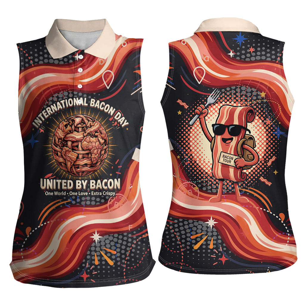 International Bacon Day United By Bacon Women Sleeveless Polo Shirt Retro Bacon Globe and Cool Bacon Mascot Graphic