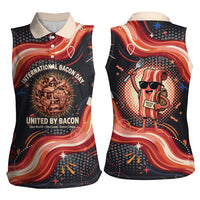 International Bacon Day United By Bacon Women Sleeveless Polo Shirt Retro Bacon Globe and Cool Bacon Mascot Graphic