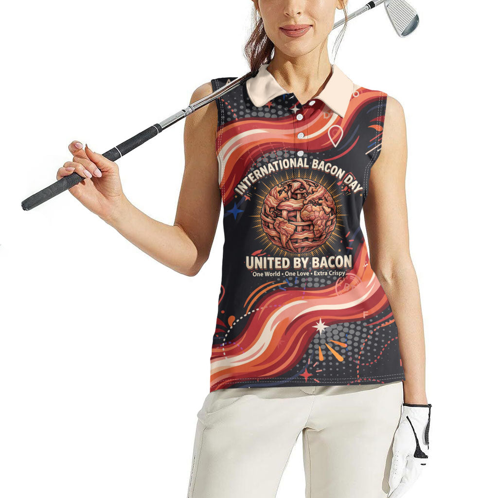 International Bacon Day United By Bacon Women Sleeveless Polo Shirt Retro Bacon Globe and Cool Bacon Mascot Graphic
