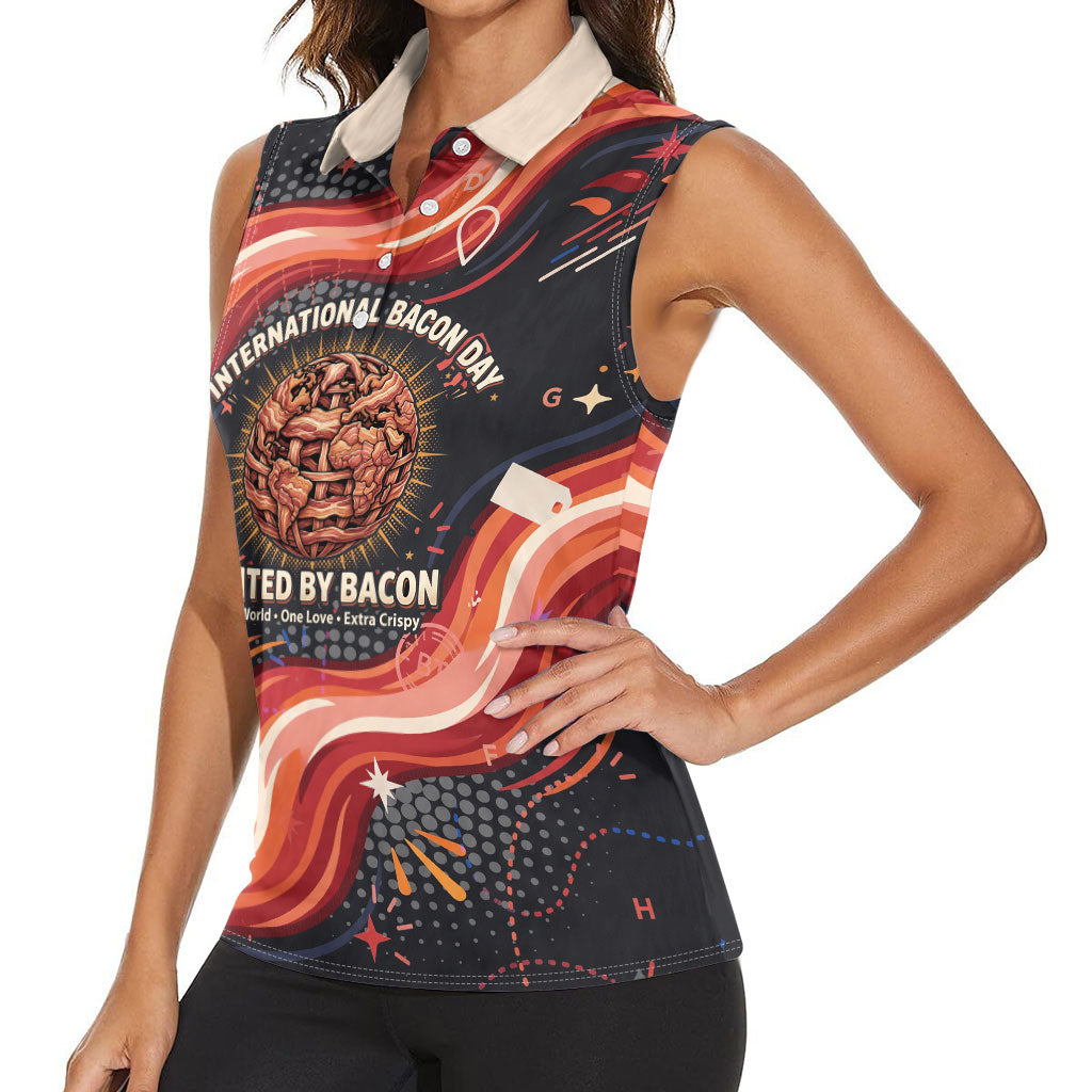 International Bacon Day United By Bacon Women Sleeveless Polo Shirt Retro Bacon Globe and Cool Bacon Mascot Graphic