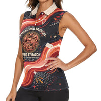International Bacon Day United By Bacon Women Sleeveless Polo Shirt Retro Bacon Globe and Cool Bacon Mascot Graphic