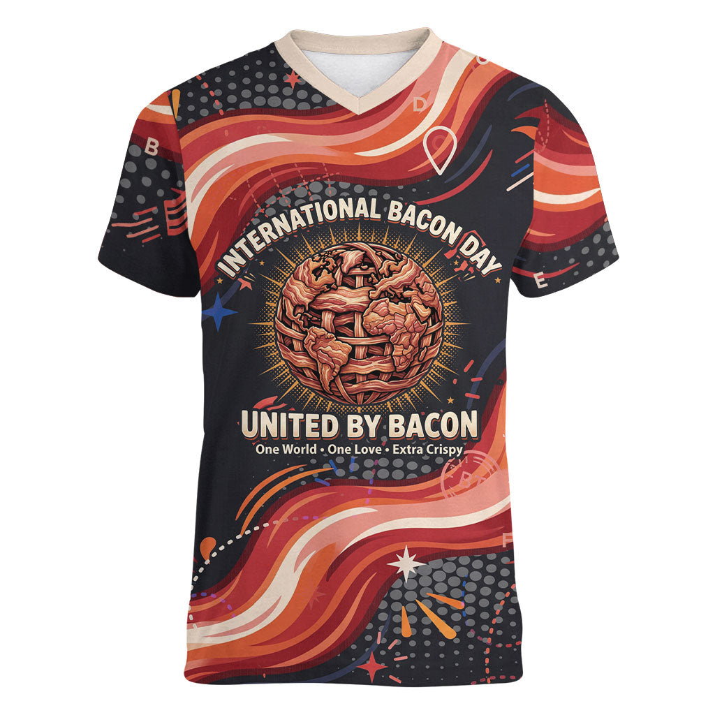 International Bacon Day United By Bacon Women V-Neck T-Shirt Retro Bacon Globe and Cool Bacon Mascot Graphic