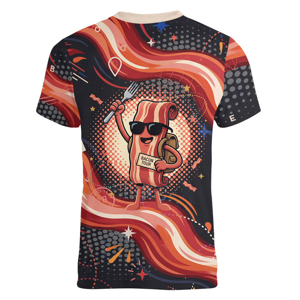 International Bacon Day United By Bacon Women V-Neck T-Shirt Retro Bacon Globe and Cool Bacon Mascot Graphic
