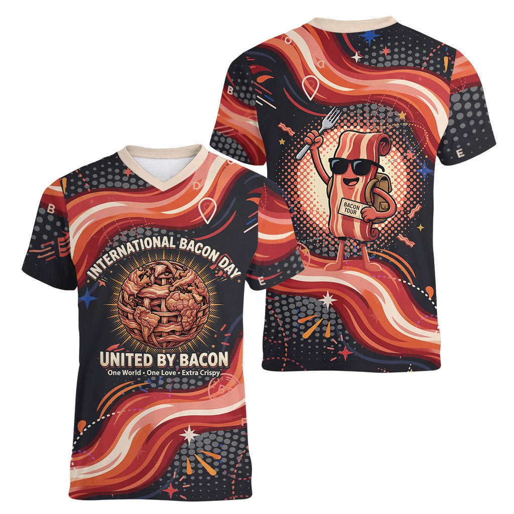 International Bacon Day United By Bacon Women V-Neck T-Shirt Retro Bacon Globe and Cool Bacon Mascot Graphic
