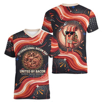 International Bacon Day United By Bacon Women V-Neck T-Shirt Retro Bacon Globe and Cool Bacon Mascot Graphic