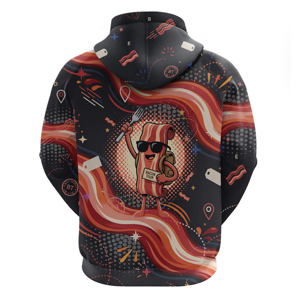 International Bacon Day United By Bacon Zip Hoodie Retro Bacon Globe and Cool Bacon Mascot Graphic