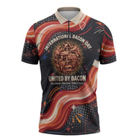 International Bacon Day United By Bacon Zipper Polo Shirt Retro Bacon Globe and Cool Bacon Mascot Graphic