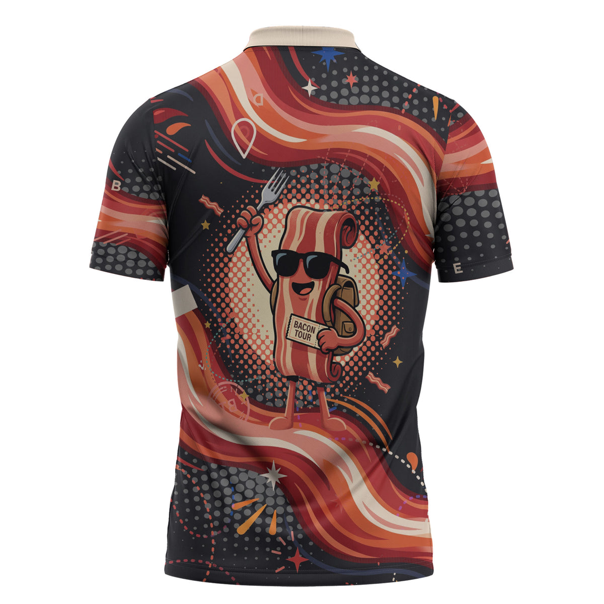 International Bacon Day United By Bacon Zipper Polo Shirt Retro Bacon Globe and Cool Bacon Mascot Graphic