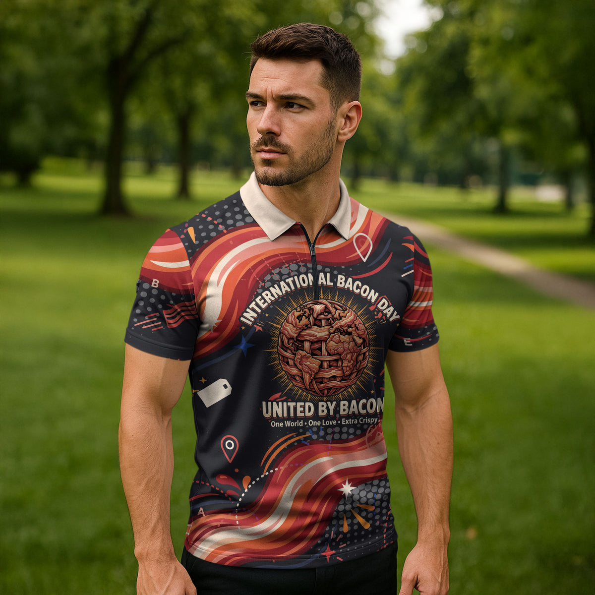 International Bacon Day United By Bacon Zipper Polo Shirt Retro Bacon Globe and Cool Bacon Mascot Graphic