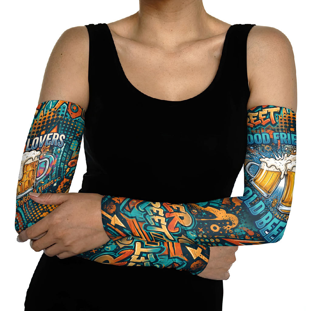 Beer Lovers Cheers To Good Times Arm Sleeves Urban Graffiti Pattern With Frothy Clinking Mugs Art