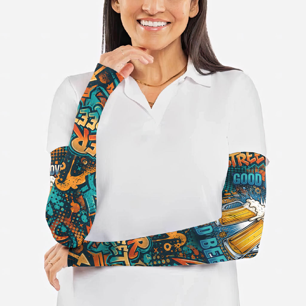 Beer Lovers Cheers To Good Times Arm Sleeves Urban Graffiti Pattern With Frothy Clinking Mugs Art