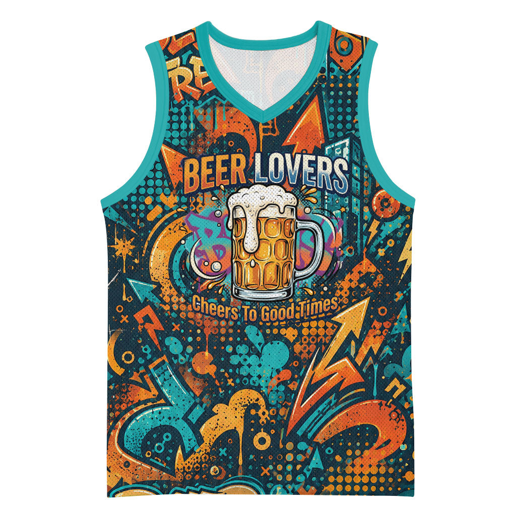 Beer Lovers Cheers To Good Times Basketball Jersey Urban Graffiti Pattern With Frothy Clinking Mugs Art