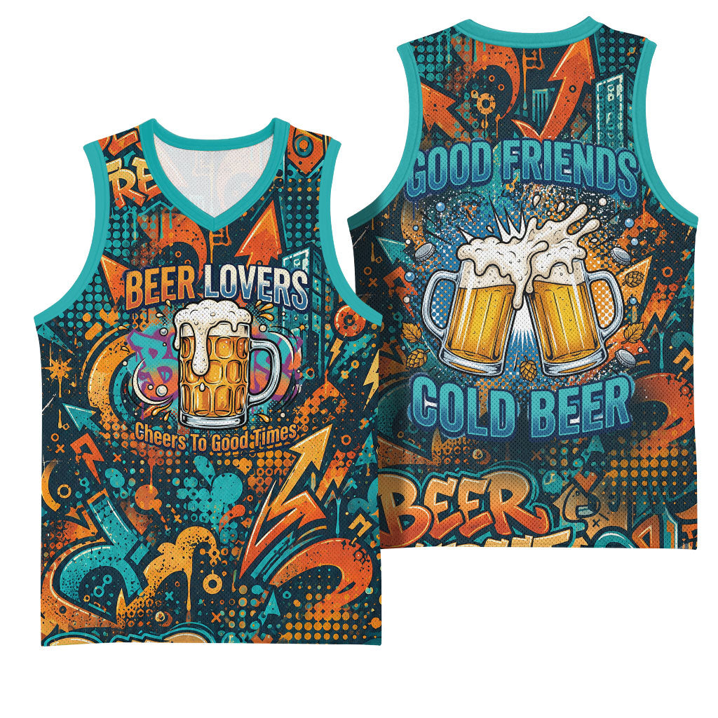 Beer Lovers Cheers To Good Times Basketball Jersey Urban Graffiti Pattern With Frothy Clinking Mugs Art