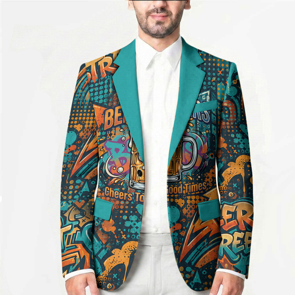 Beer Lovers Cheers To Good Times Blazer Urban Graffiti Pattern With Frothy Clinking Mugs Art