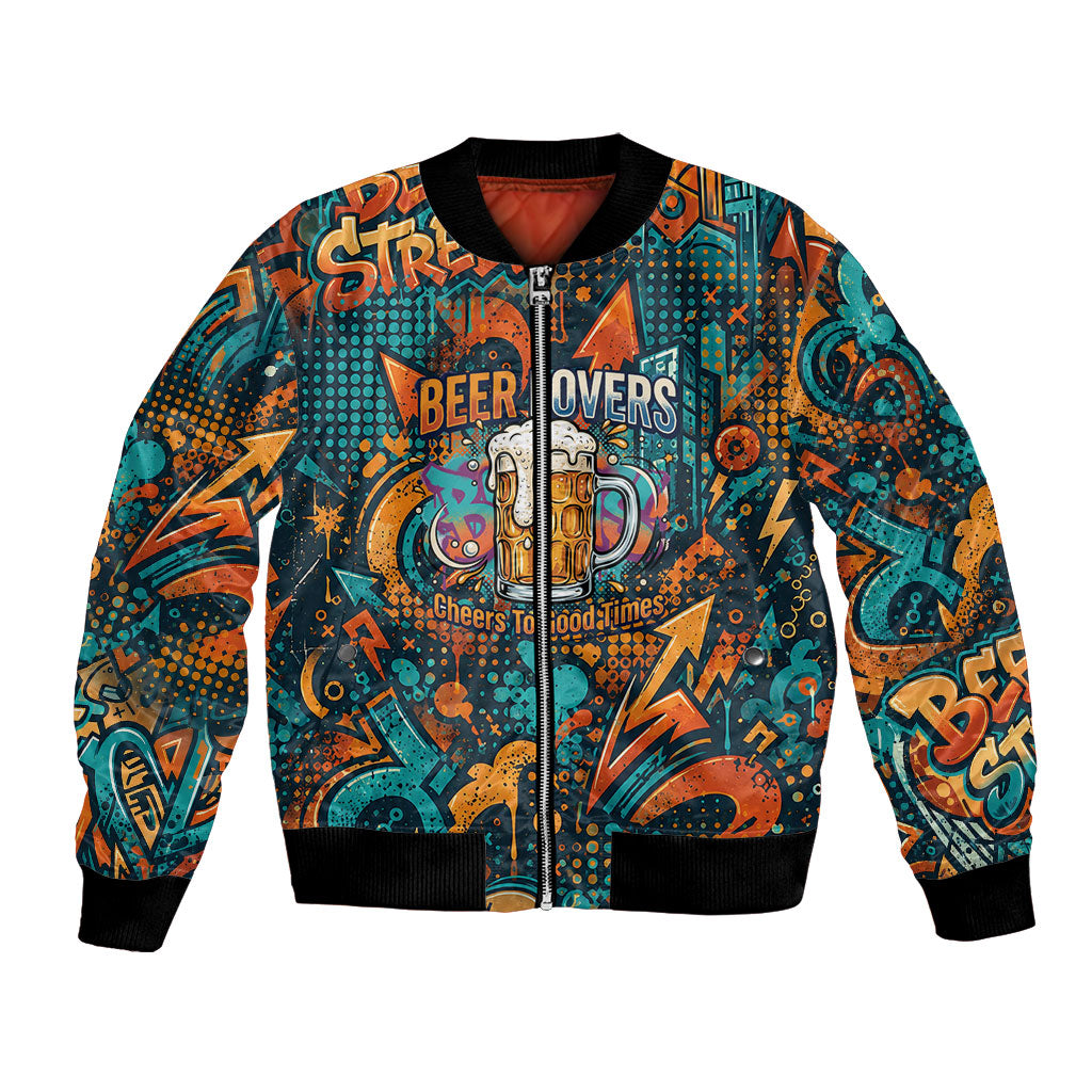 Beer Lovers Cheers To Good Times Bomber Jacket Urban Graffiti Pattern With Frothy Clinking Mugs Art