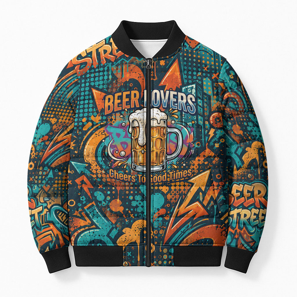 Beer Lovers Cheers To Good Times Bomber Puffer Jacket Urban Graffiti Pattern With Frothy Clinking Mugs Art